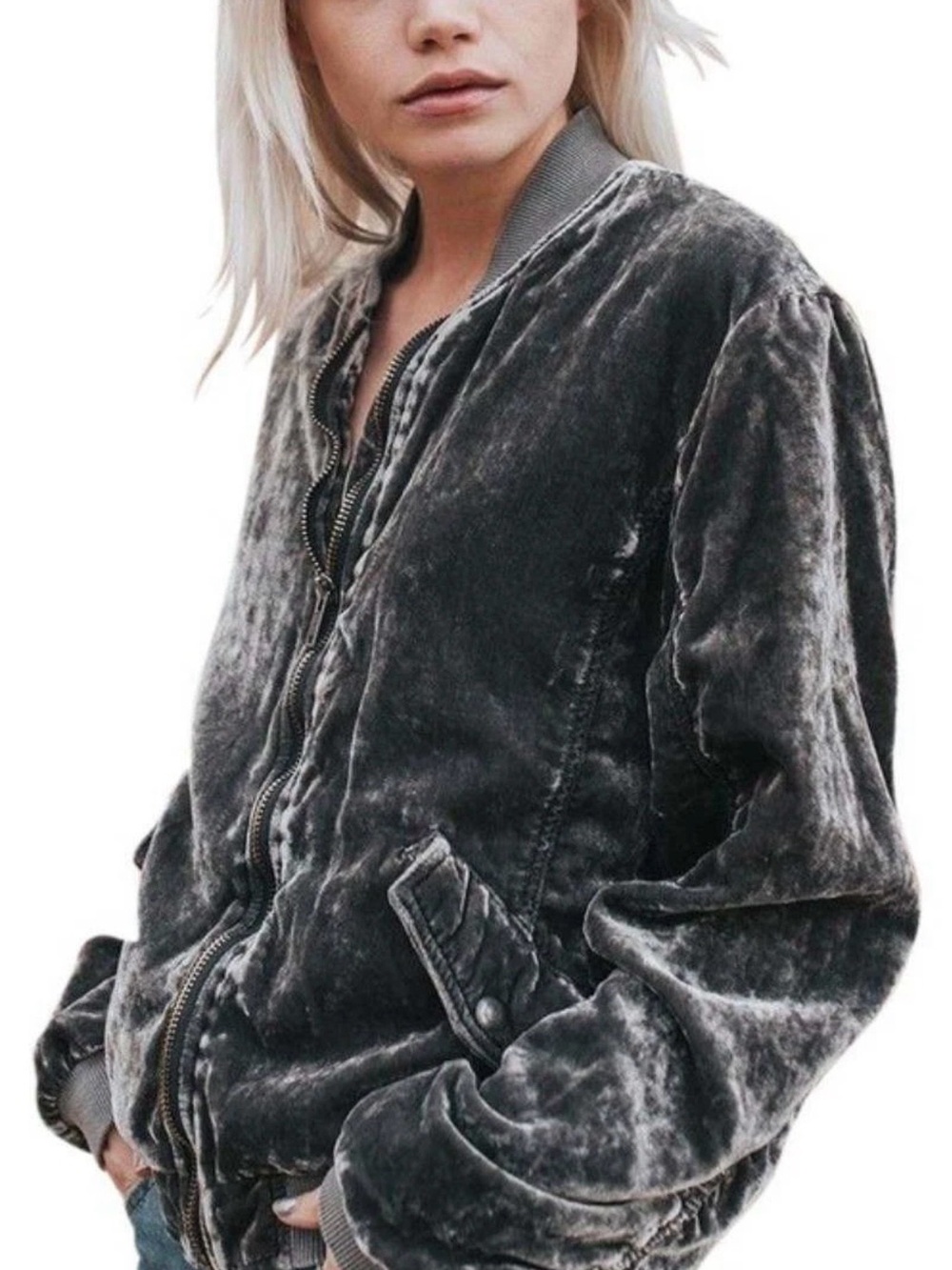 FREE PEOPLE Velvet Bomber Jacket Gray/Green Women’s lined Coat sz S 4 6